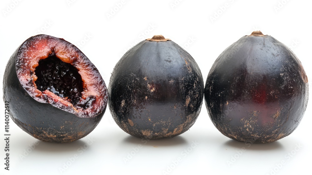 Poster black sapote diospyros nigra fruit showcasing its round shape and chocolate-like flesh on a clean ba