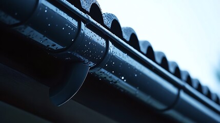 Rain Gutter Close-Up: Water Droplets on Dark Grey Downspout