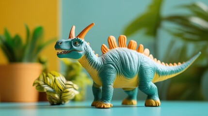 Colorful dinosaur toy figurine in a playful setting surrounded by plants and vibrant background,...