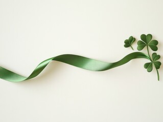 St. Patrick's Day decoration with a single green ribbon and a small shamrock on a clean, simple background. A subtle yet festive touch for the holiday 