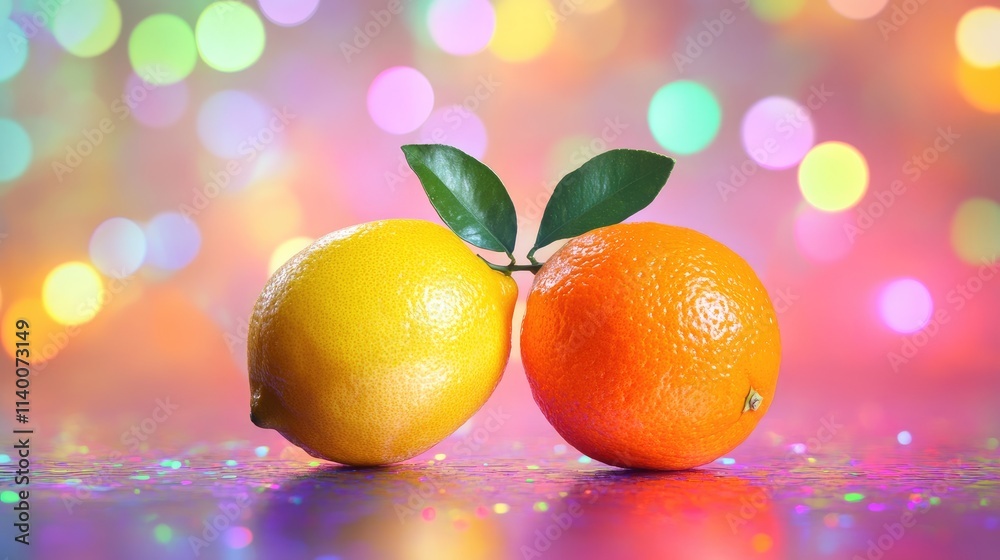 Aufkleber Vibrant lemons and oranges with leaves in a colorful disco background creating a playful and lively fruit composition.