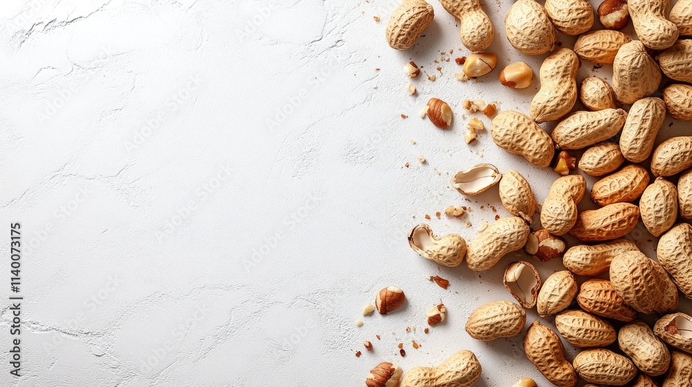 Poster peanuts scattered on a textured white background showcasing their natural state and inviting texture