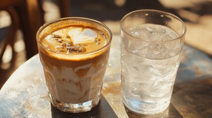 Refreshing iced coffee with cold water on a summer afternoon table setting inviting relaxation and enjoyment in warm weather.