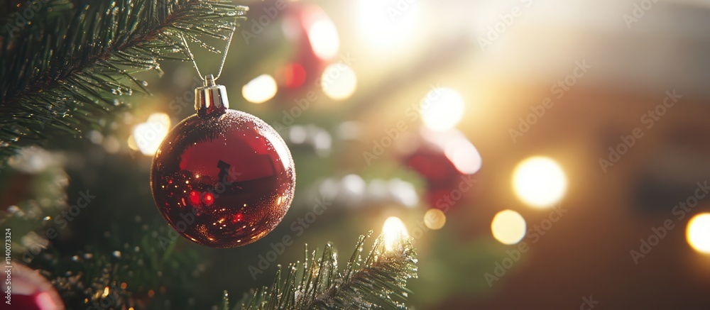 Poster defocused christmas tree lights with decorative ornaments creating a warm festive atmosphere in a co