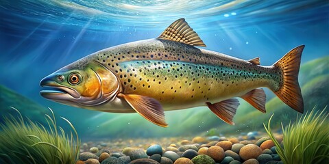 Fototapeta premium Freshwater Fish Illustration, Trout, Salmon, Aquatic Art, Underwater Scene