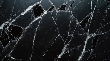 Black marble texture with intricate white veins and cracks creating a striking artistic pattern suitable for backgrounds and designs.