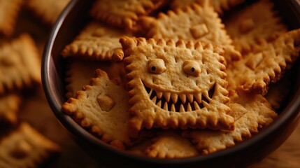 Playful and spooky cracker snacks with a mischievous face in a bowl for Halloween or themed parties