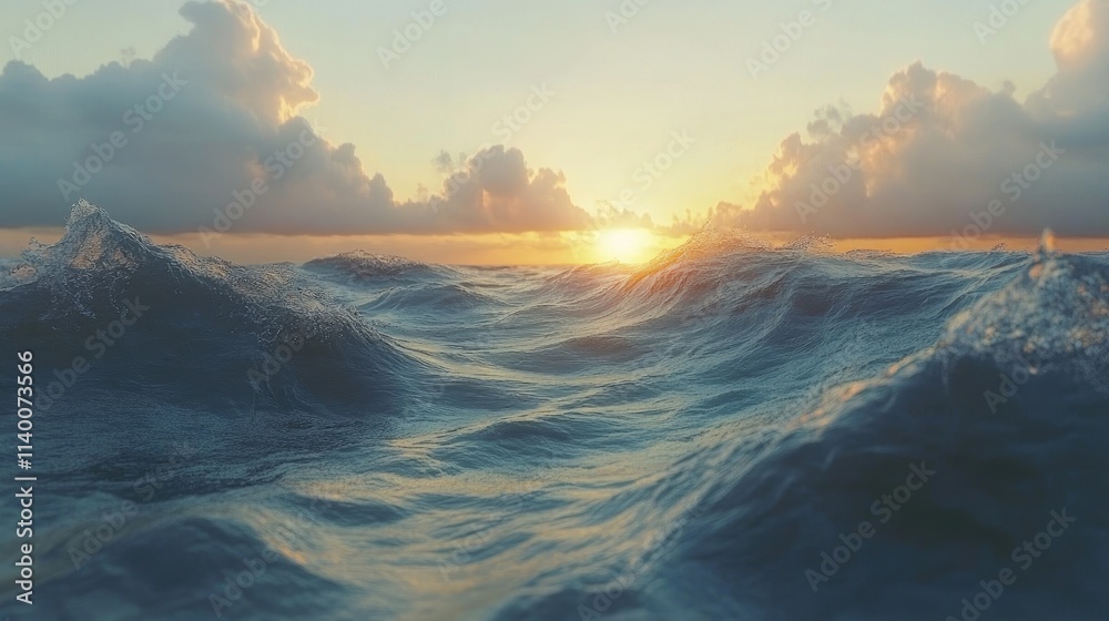 Aufkleber Endless waves at sea under a colorful sunset with clouds illuminating the horizon creating a serene and tranquil atmosphere