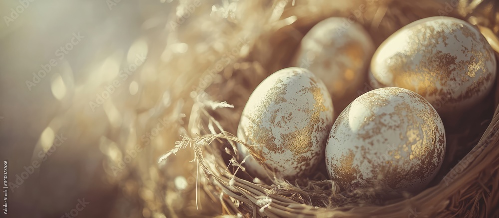 Poster Vintage styled Easter eggs in a basked surrounded by straw with soft focus and warm tones creating a nostalgic festive atmosphere