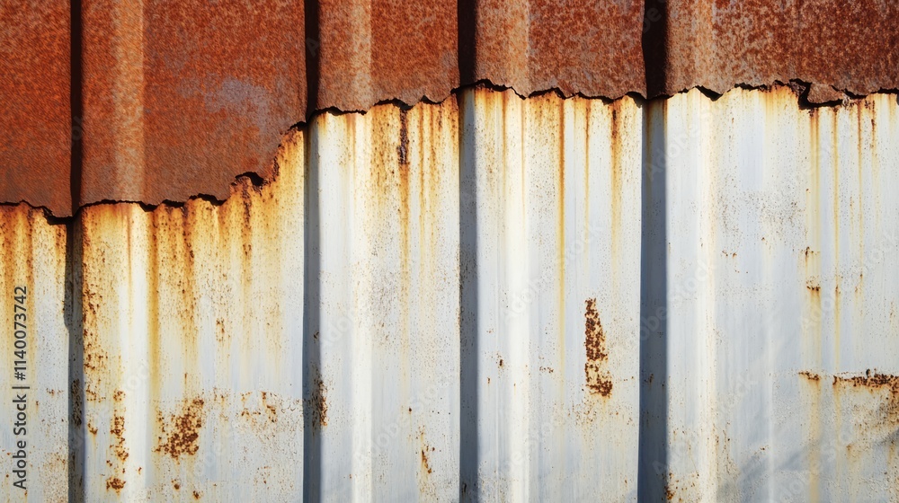 Aufkleber Weathered metal sheet with rust and corrosion capturing vertical lines and shadows in industrial setting. Ideal for grunge and texture themes.