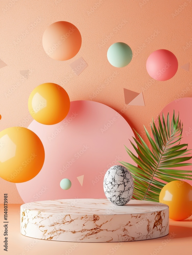 Poster creative pastel scene with marble egg and colorful geometric shapes on a smooth surface