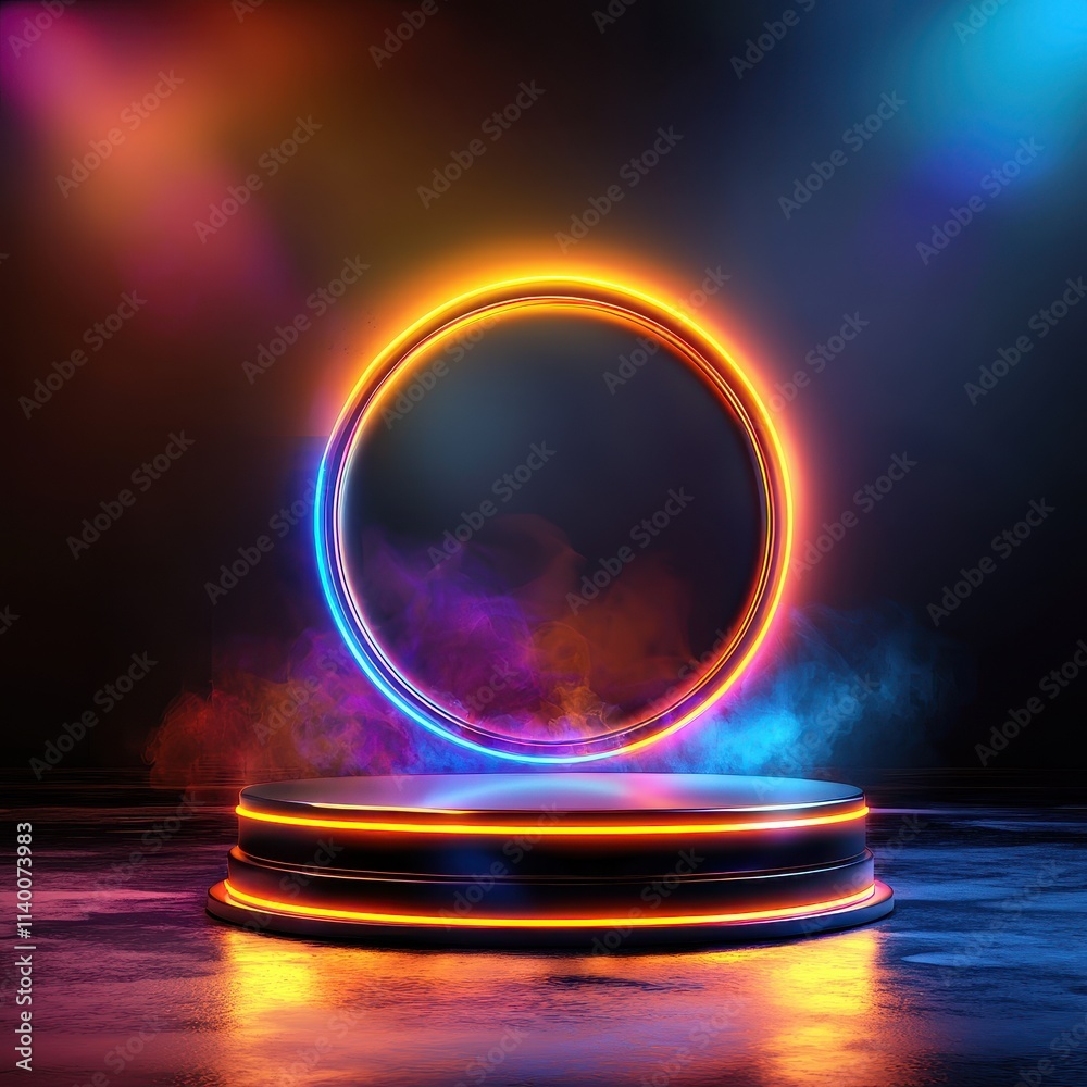 Poster Neon Circle Display on a Round Platform with Colorful Smoke Effects in the Background