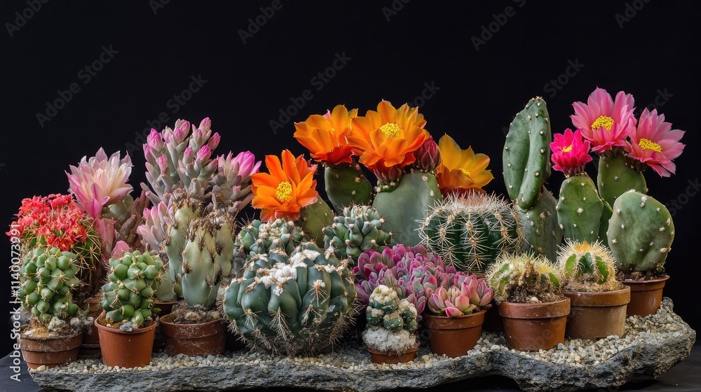 Poster vibrant display of diverse cacti varieties showcasing colorful flowers and unique characteristics ag
