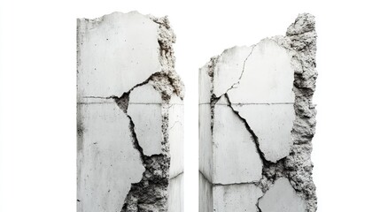 Cracked concrete columns highlighting structural weakness on a white background showcasing deterioration and potential safety concerns