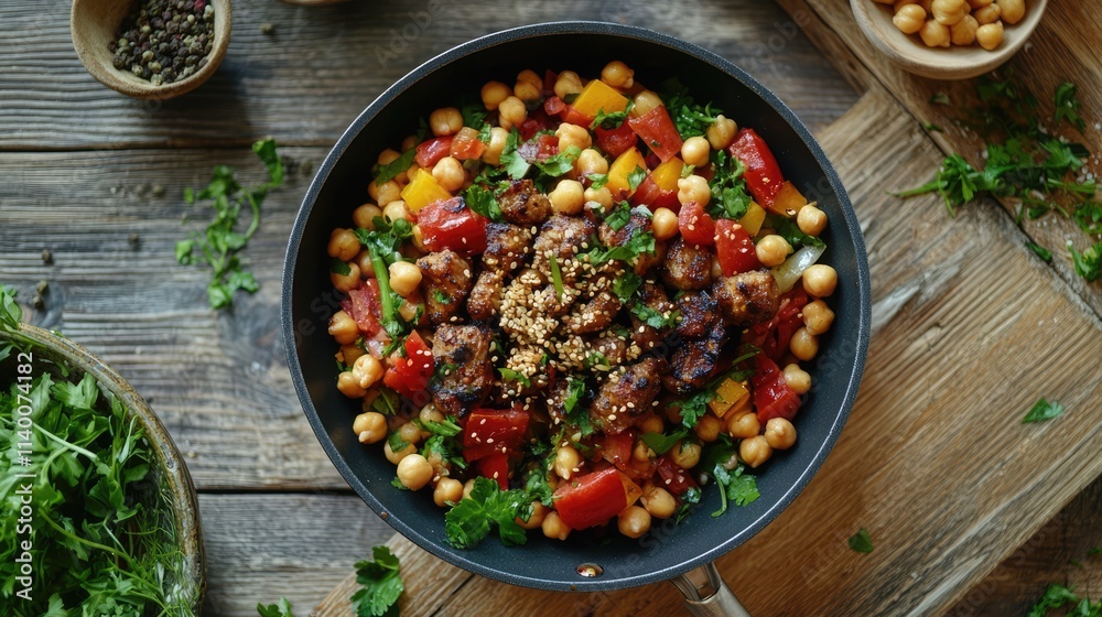 Poster frying pan with fried meat atop a wooden table surrounded by a colorful chickpea and vegetable salad