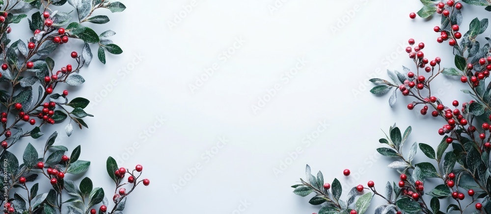 Poster elegant christmas background with holly leaves and red berries on a light textured surface for festi