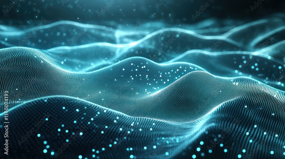 Poster Abstract representation of waves with glowing particles, suggesting technology and digital concepts.