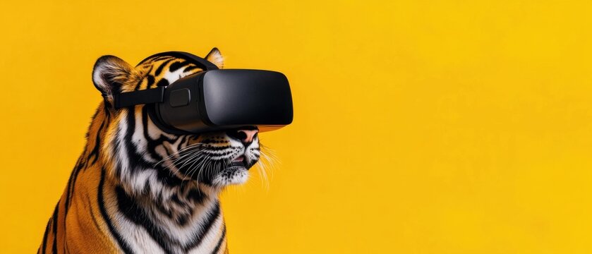 Majestic Tiger Immersed in Virtual Reality Headset on Yellow Background