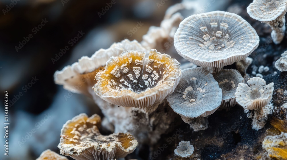 Aufkleber Close-up view of colorful fungus and mold growth on a textured surface showcasing intricate patterns and natural details.