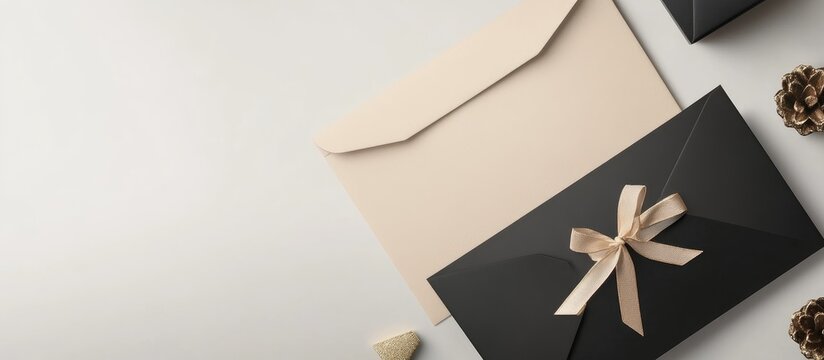 Elegant beige envelope with decorative bow and black letterhead for gift certificate presentation on neutral background close-up view