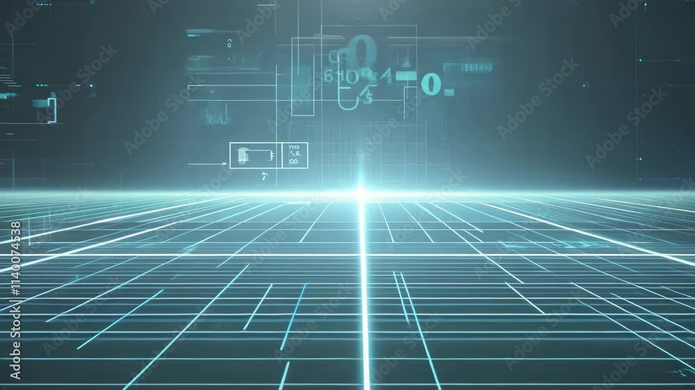 Fototapete exploring a futuristic digital landscape with glowing lines and data grids at dusk