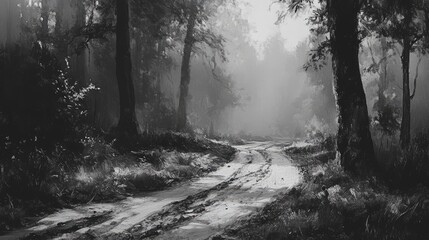 Naklejka premium Serene Black and White Dirt Road Surrounded by Trees in a Misty Forest Landscape