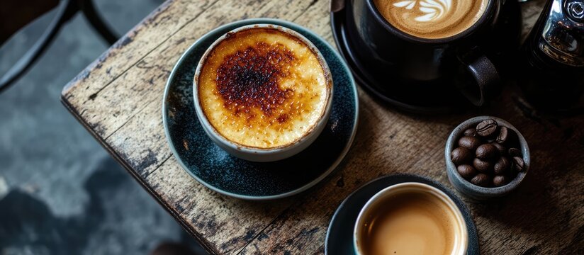 Elegant dessert and coffee pairing on rustic wooden table featuring creme brulee and espresso with coffee beans in stylish presentation.