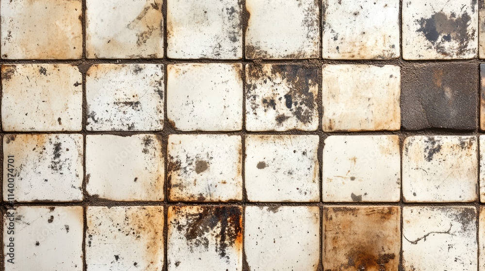 Poster Aged kitchen tiles with dirty grouting showcasing an abstract pattern of wear and stains on a rustic surface