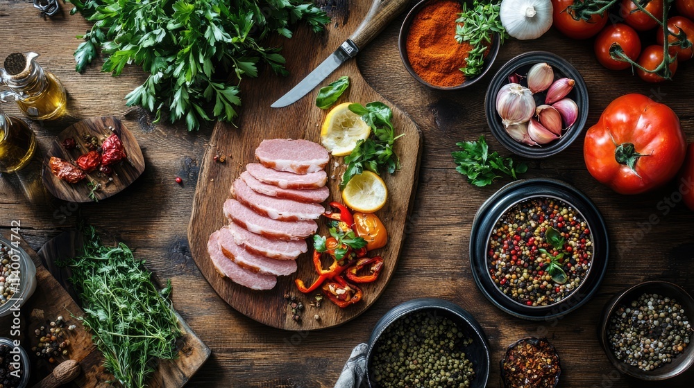 Poster bountiful table spread featuring sliced ham with fresh vegetables herbs and spices on a rustic woode