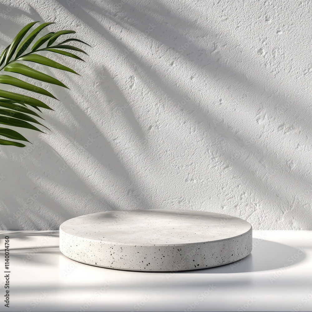 Poster Minimalist Concrete Display Stand with Green Leaf and Shadow Play in Modern Setting
