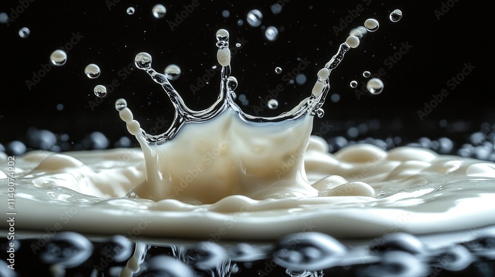 Aufkleber Milk splash creating dynamic droplets against a contrasting black background showcasing texture and fluid motion in a visually striking composition