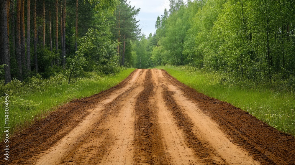 Poster dirt road winding through lush green forest landscape with trees on both sides under a cloudy sky in