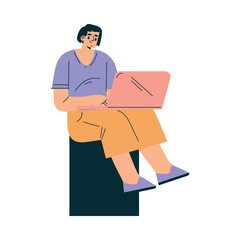 Man Sit with Laptop at Shooting Film Movie Production Scene Vector Illustration