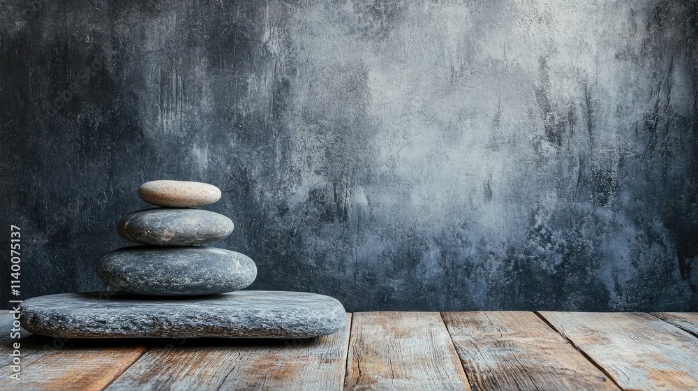 Poster textured grunge background with stacked stones on wooden surface for creative design and art project