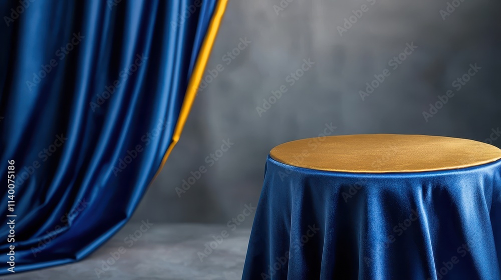 Poster elegant blue satin drapes and round golden top table in artistic studio setting