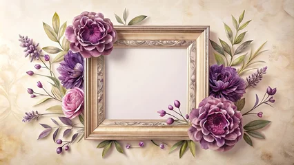 Elegant Ornate Frame Surrounded by Purple Blooms and Greenery