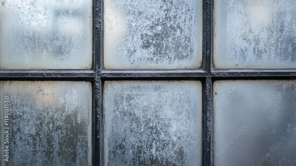 Poster Dark dusty window glass texture with abstract patterns highlighting the aged and dirty appearance of a gray glass background.