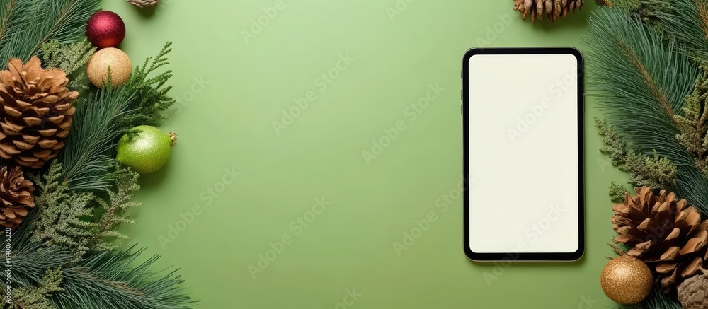 Poster digital phone mockup surrounded by rustic decorations on a green background for app showcasing and o