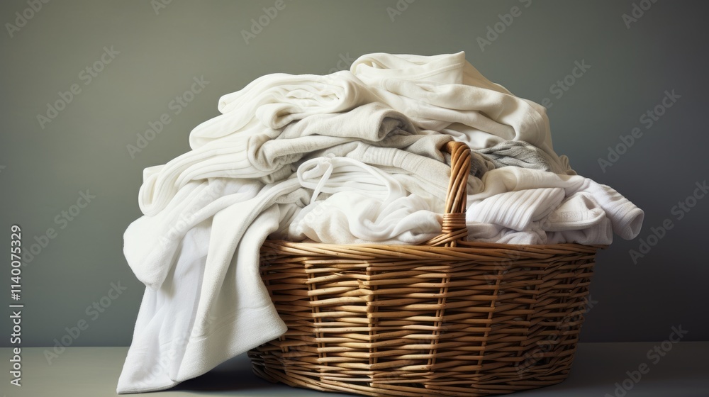 Poster wicker basket filled with neatly piled white clothes against a muted background showcasing tidiness 