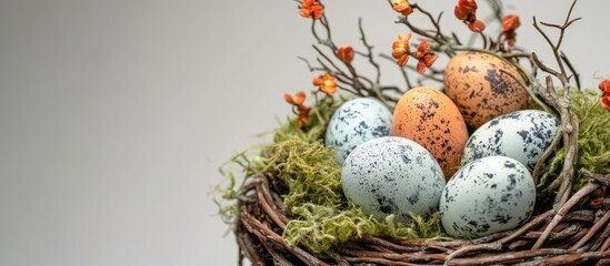 Obraz premium Easter basket decorated with colorful eggs and spring flowers showcasing vibrant holiday decor and nature's beauty