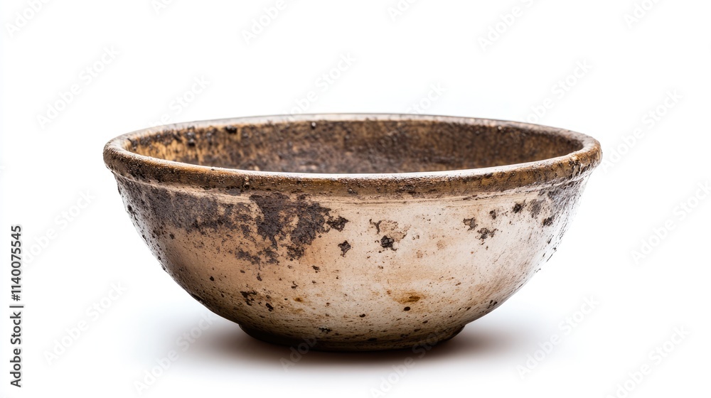 Poster rustic worn bowl with textured surface on a clean white background showcasing natural aging and char