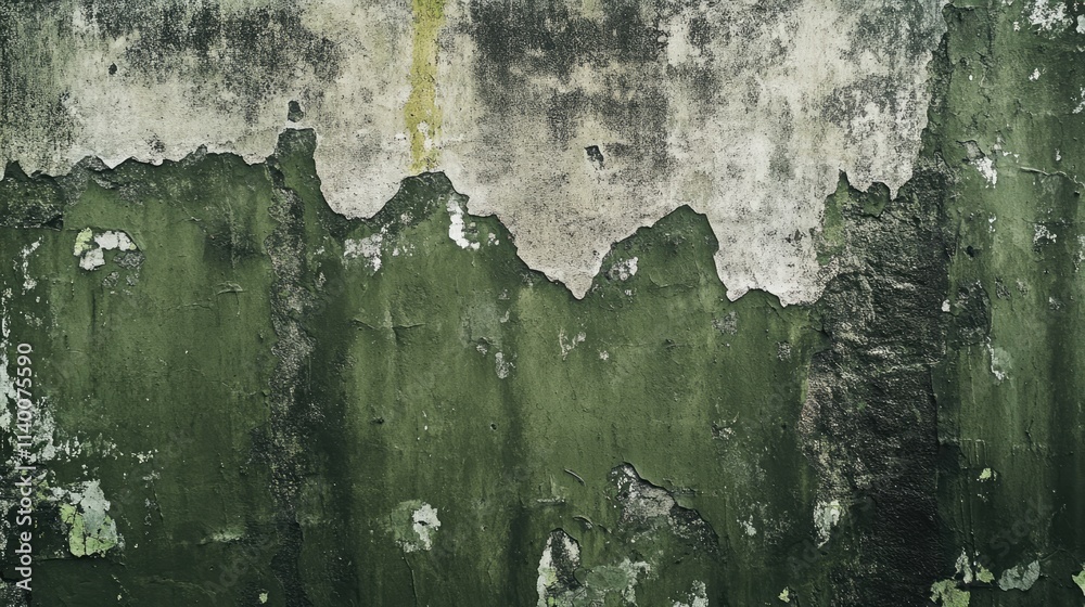 Poster aged dark green concrete wall with peeling paint and textured surface for background design or archi