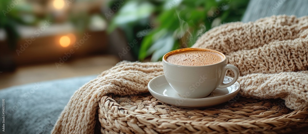 Aufkleber cozy wicker basket with steaming coffee cup and soft blanket creating a warm inviting atmosphere on 