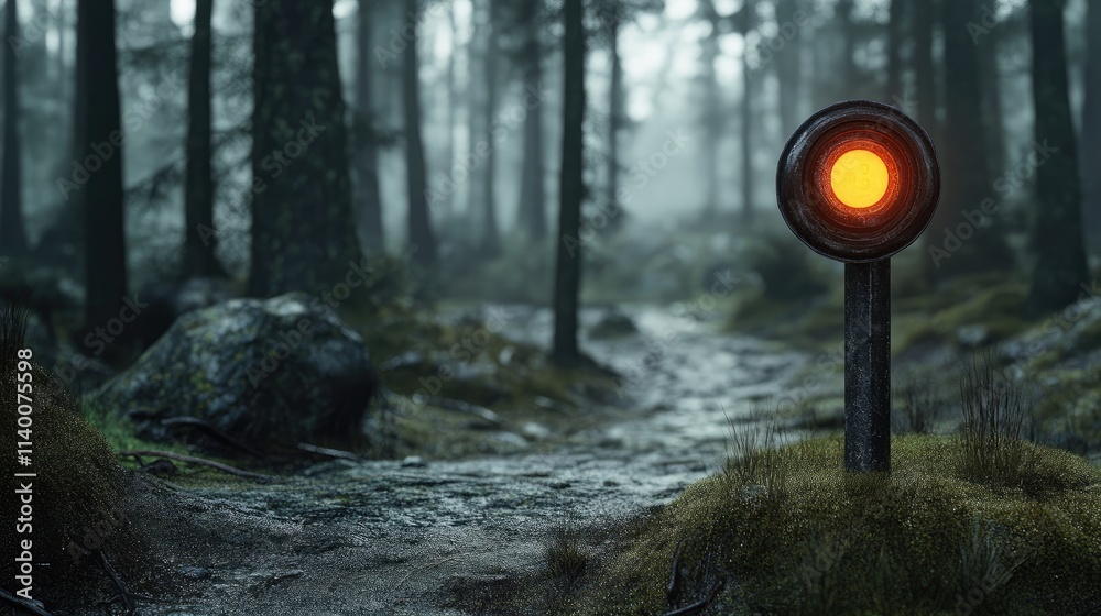 Poster mysterious gps distance marker illuminated in foggy forest pathway amidst lush greenery and rocky te