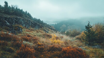 Serene Misty Landscape with Autumn Colors and Rolling Hills Under Cloudy Sky