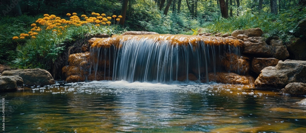 Poster serene waterfall cascading over rocks into a tranquil pool surrounded by lush greenery and vibrant f