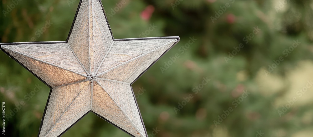 Aufkleber Metallic decorative star with soft-focus tree backdrop creating a serene holiday atmosphere in a vertical composition.