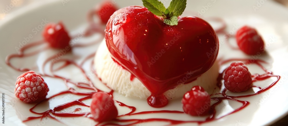 Poster heart-shaped dessert topped with red raspberry sauce and garnished with mint leaves on a white plate