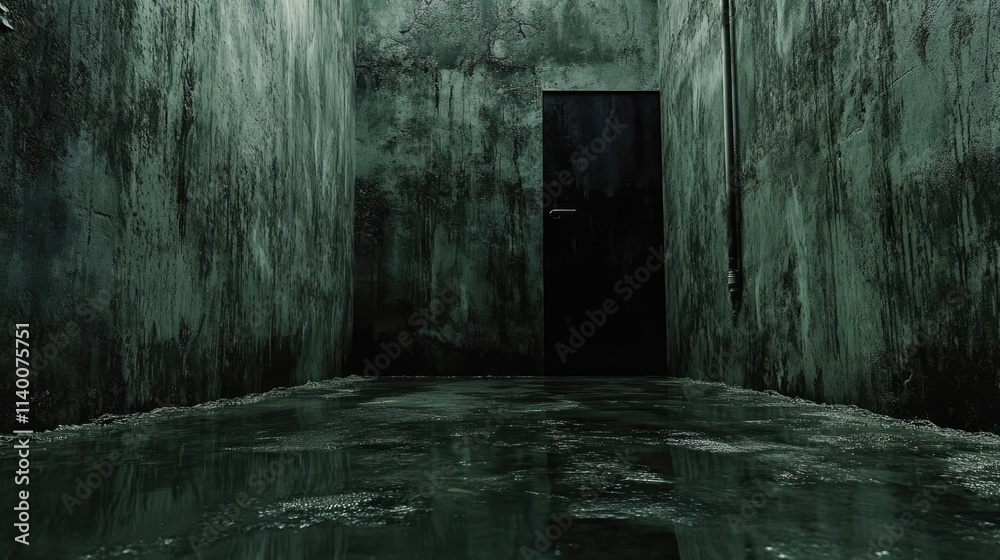 Poster Grungy wet cement wall with a black door in a dimly lit room creating a moody and eerie atmosphere for various design projects