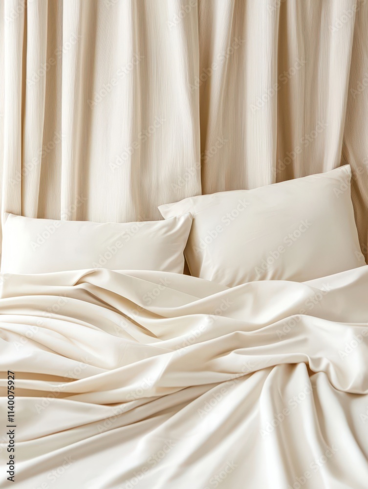 Poster soft cream bedding with smooth fabric and pillows on a light neutral background